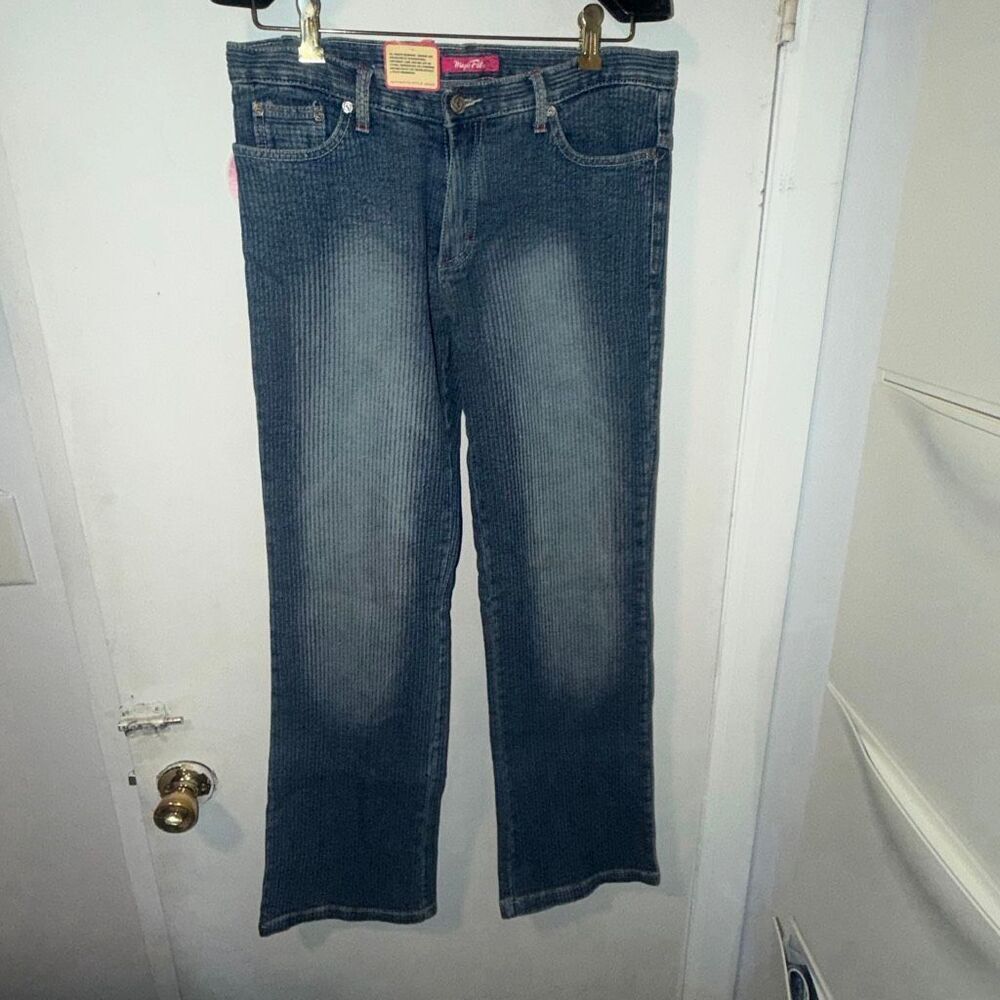 MAGIC FIT Y2K Textured Ribbed Denim Indigo Blue Lime Wash Bootcut Jeans-13 NWT!